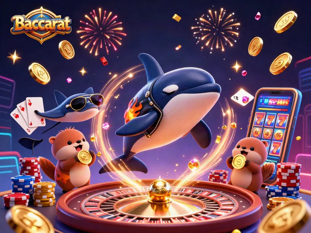 Baccarat-themed 3D casino illustration featuring vibrant characters and dynamic game elements.