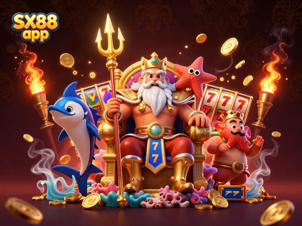 Experience the thrilling SX88 app with a vibrant 3D casino scene featuring Neptune, sports elements, and gold coins.