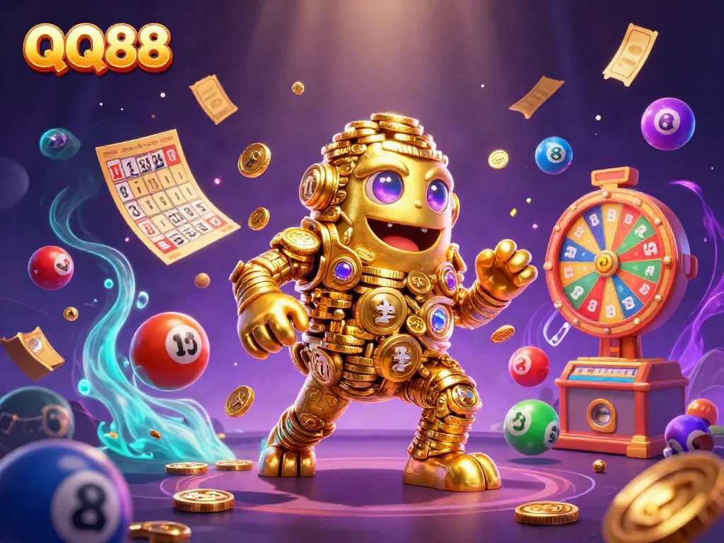 Playing dynamic casino games with QQ88, featuring a golden golem, colorful lottery balls, and vibrant prize elements