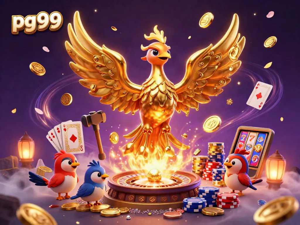 Win big with pg99: a vibrant casino scene featuring golden phoenix and dynamic game elements.