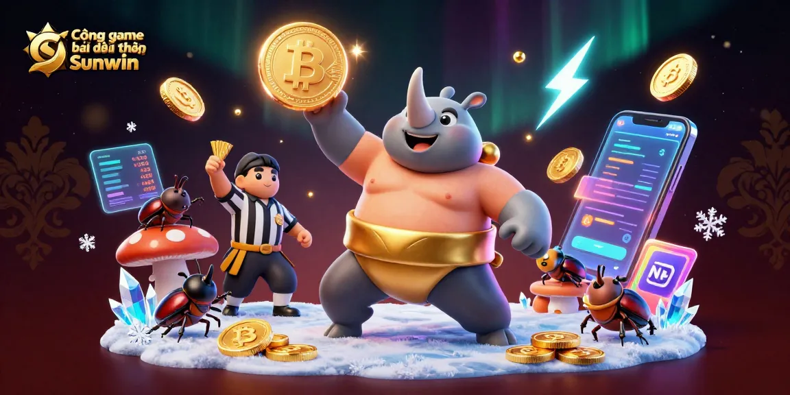 Cổng game bài đổi thưởng Sunwin showcases a dynamic scene with a rhinoceros beetle sumo champion, flying gold coins, and crypto elements.