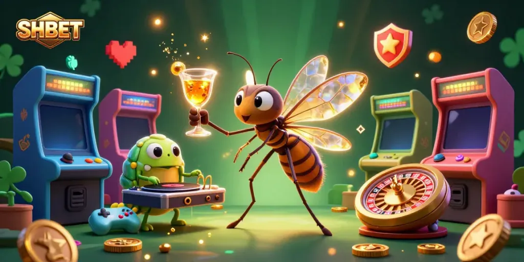 Experience gaming thrills with SHBET’s dynamic illustration featuring casino mascots and vintage arcade elements.