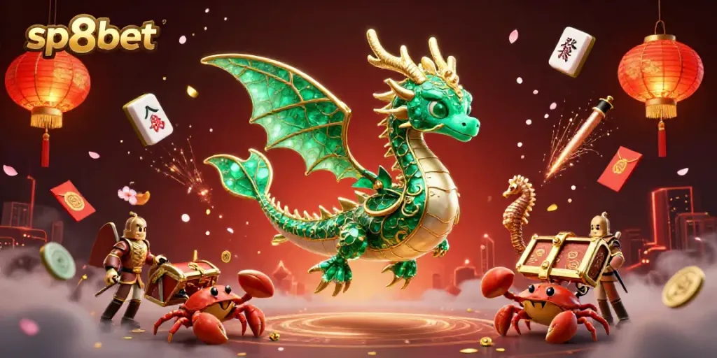 Bet and play at sp8bet with vibrant dragons, crabs, and lucky symbols floating amidst fiery fireworks.