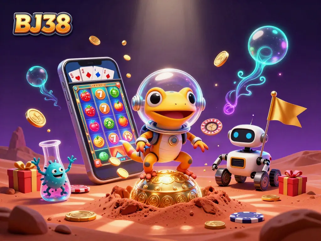 Engage with BJ38's vibrant Martian casino adventure featuring a gecko and slot games.