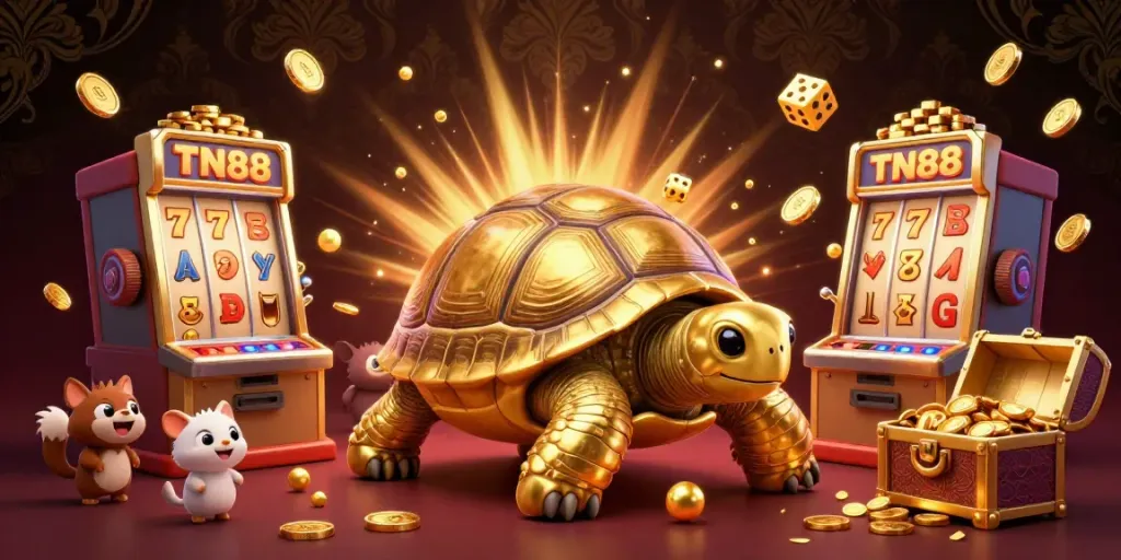 Experience thrilling gameplay at TN88 with a golden tortoise pinball machine and vibrant slot machines.