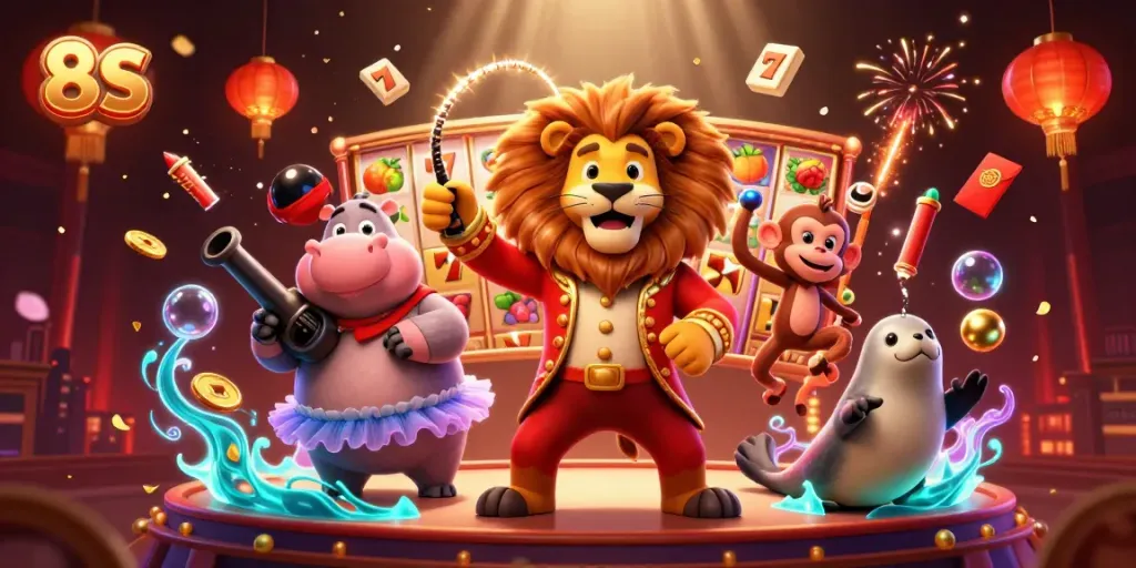 Experience captivating fun with 8S surrounded by dynamic gaming elements and colorful characters.