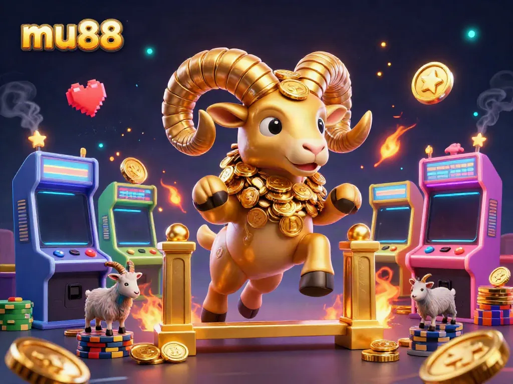 Engage with mu88's thrilling casino experience featuring a massive golden ram amidst colorful gaming elements.