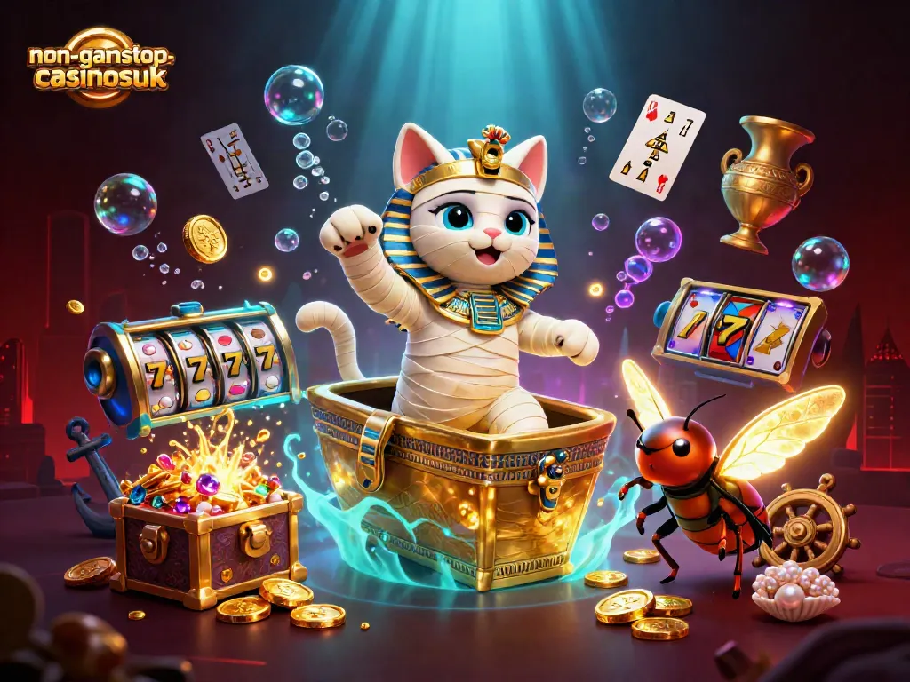 Experience vibrant gameplay at non-gamstop-casinosuk with a dynamic mummy cat emerging from a golden sarcophagus.