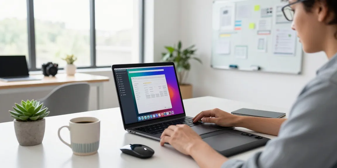 M5 MacBook in a modern workspace showcasing design graphics on screen, surrounded by tech gadgets and natural light.