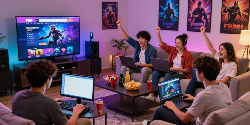 Excited friends enjoying FB88 gaming experience in a vibrant living room.