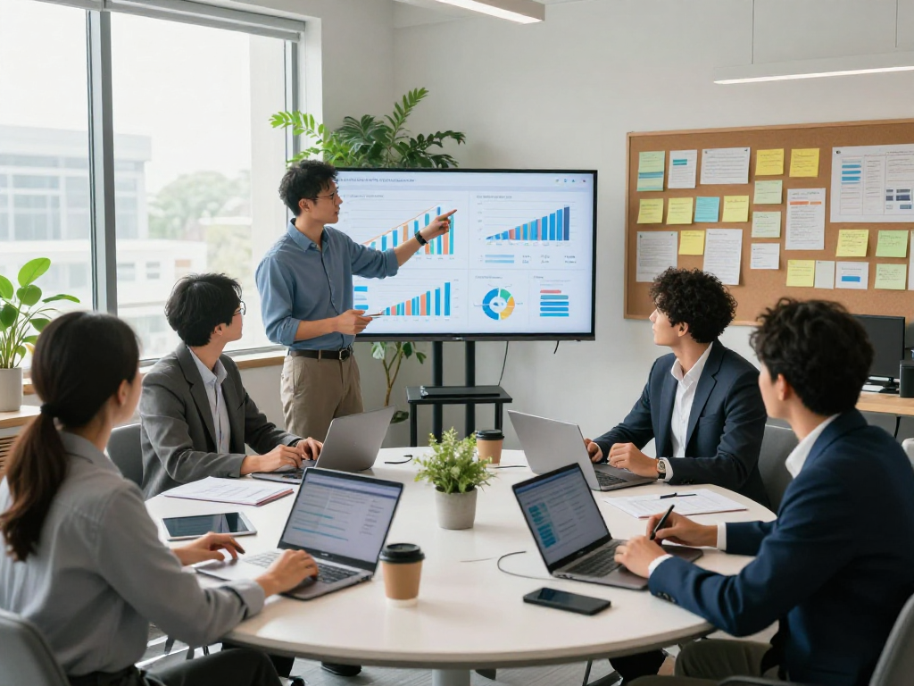 Team collaborating in a modern office, showcasing net88 analytics presentation and innovative workspace elements.