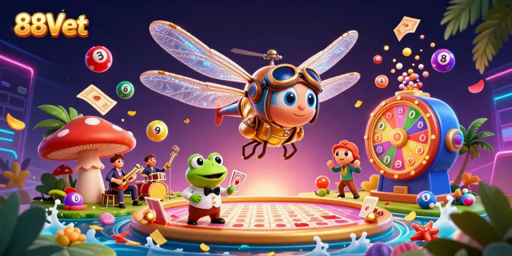 Experience the excitement of 88Vbet with a lively casino scene featuring a dragonfly pilot and a frog croupier.