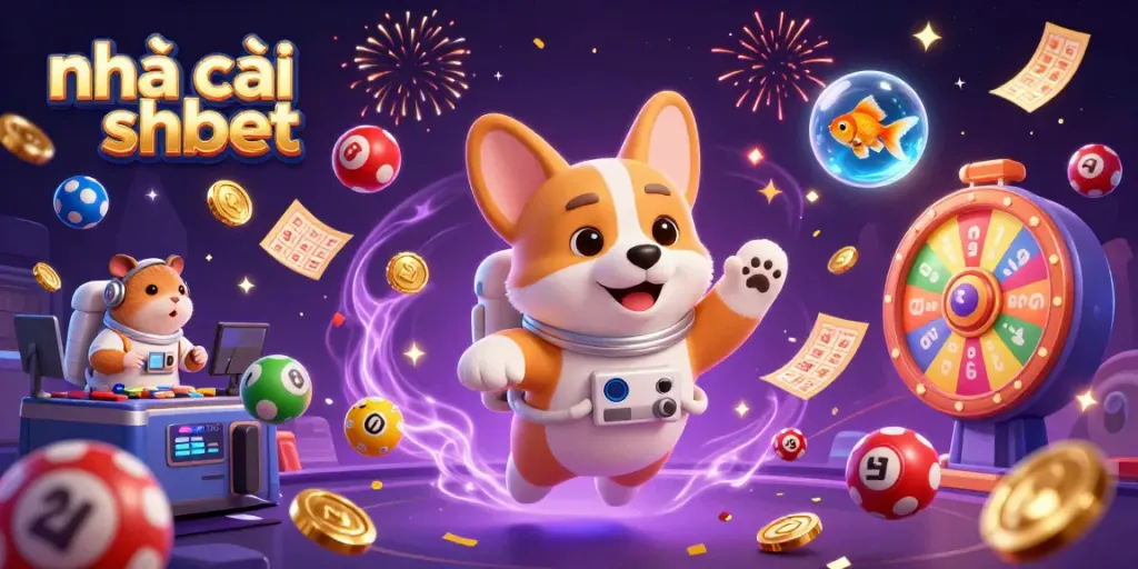 The vibrant scene of nhà cái shbet showcases an astronaut corgi engaging in a thrilling casino environment, surrounded by colorful lottery elements.