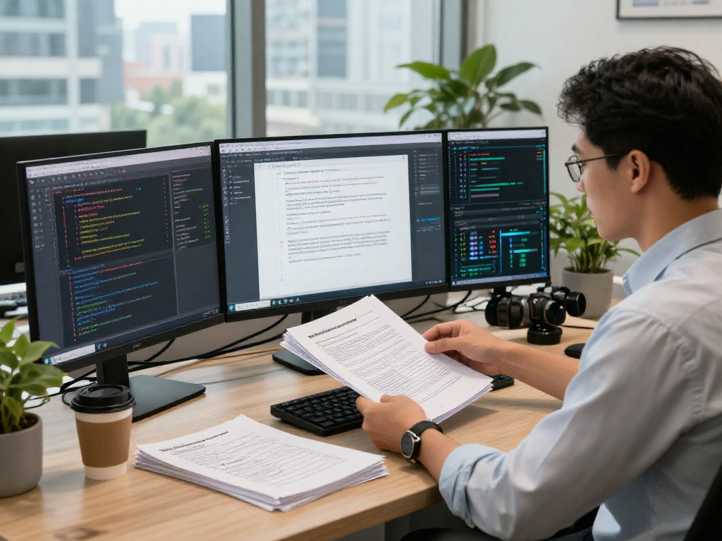 Document fraud detection analysis with forensic analyst reviewing advanced software in a modern office.