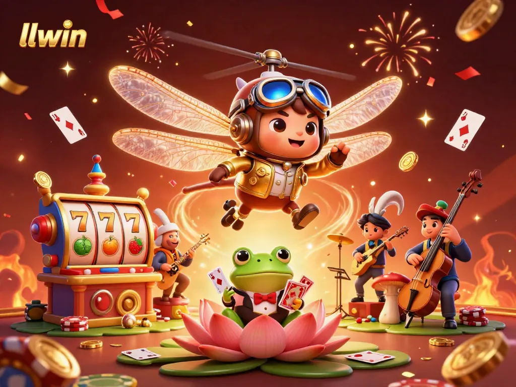 Engage with llwin's exciting gaming scene featuring vibrant characters, slot reels, and a bustling casino atmosphere.