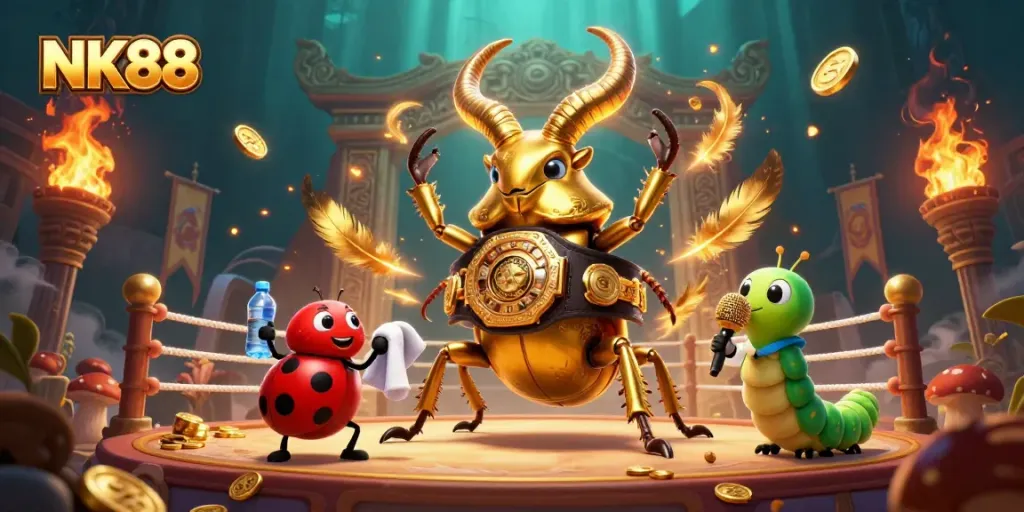 Experience the thrilling action of NK88 with a giant golden stag beetle representing strength in a vibrant casino scene