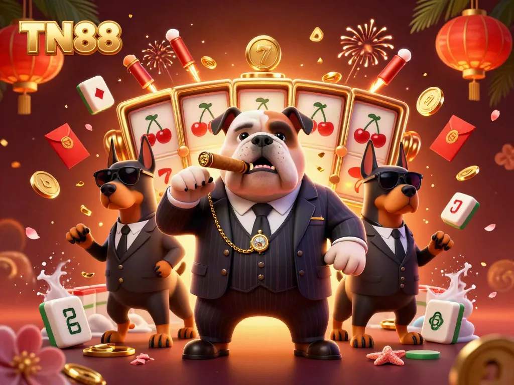 Win big at TN88 with animated 3D casino scene featuring mafia bulldog and slots.