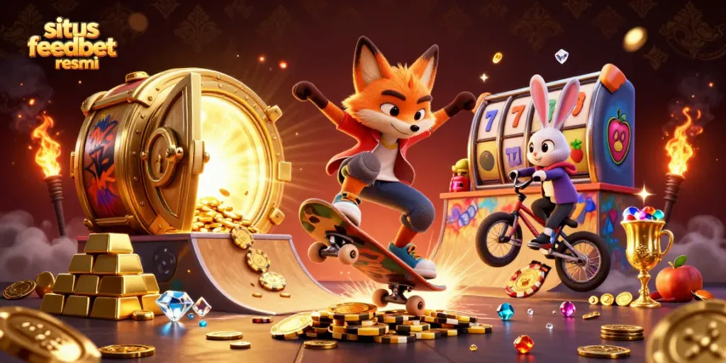 Spin and win at situs feedbet resmi, featuring vibrant 3D casino action with a skateboarder fox and BMX rabbit.