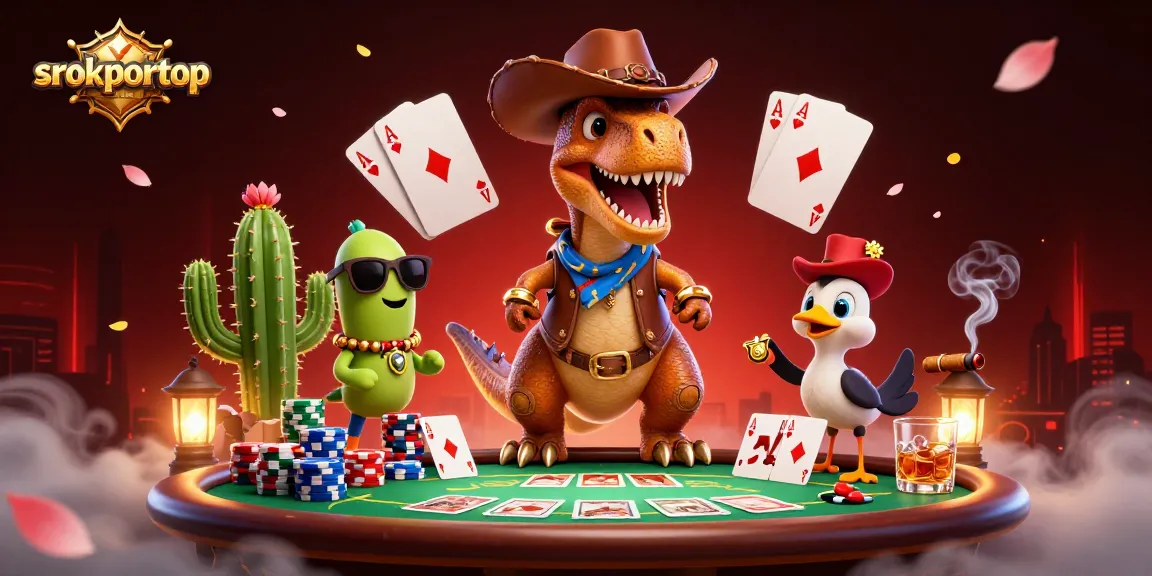 Srokportop showcases a colorful poker scene with a cowboy T-Rex, cactus, and roadrunner in action.