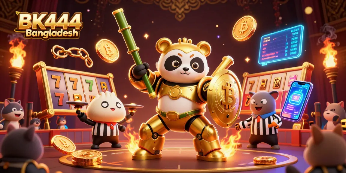 Engage in thrilling gameplay at BK444 Bangladesh with vibrant casino elements surrounding an epic battle scene.
