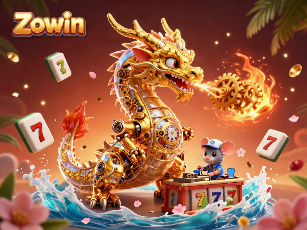 Experience exciting Zowin casino games with a golden dragon illustration and vibrant slot reels.