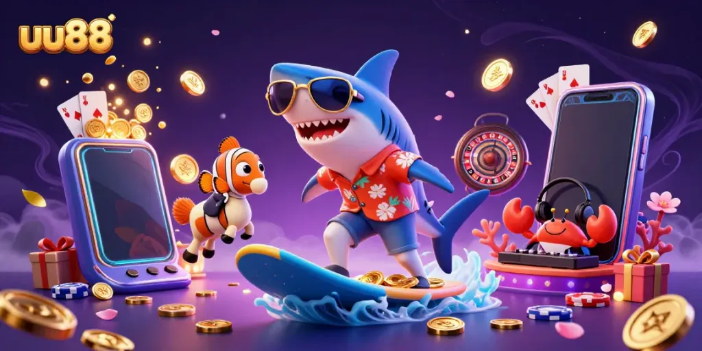 Experience the excitement of uu88 with a vibrant 3D scene showcasing fun characters and casino elements.