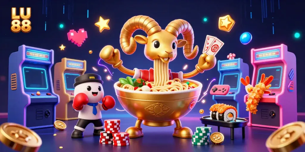 Engage with LU 88's vibrant casino-themed 3D scene featuring playful characters and gaming elements.