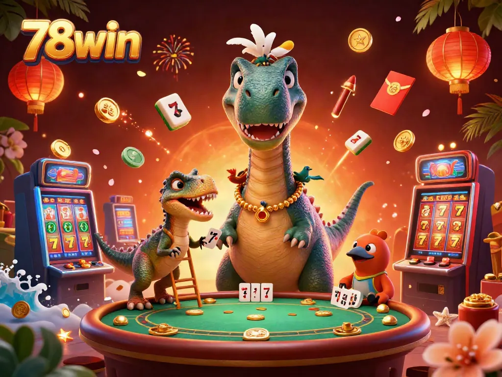 Experience the excitement of 78win with this vibrant 3D casino illustration showing animated characters and games.