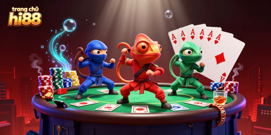Engage in thrilling gameplay at trang chủ hi88 with 3D chameleons showcasing poker excitement.