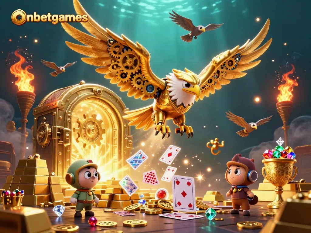 Engage with onbetgames immersive casino experience featuring golden eagle diving into wealth and holographic cards.