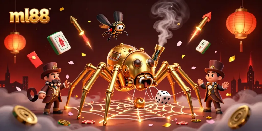 ml88 spins luck with a steampunk spider and gambling-themed elements in a vibrant casino scene