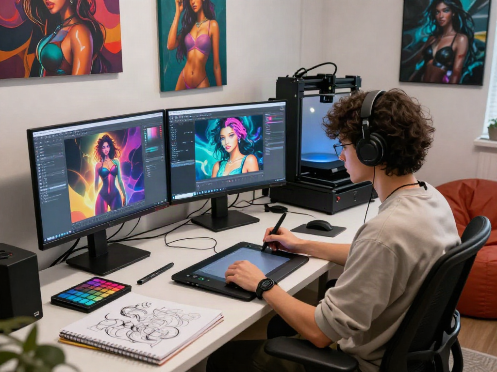 Artist using NSFW AI in a modern digital studio, creating vibrant graphics.