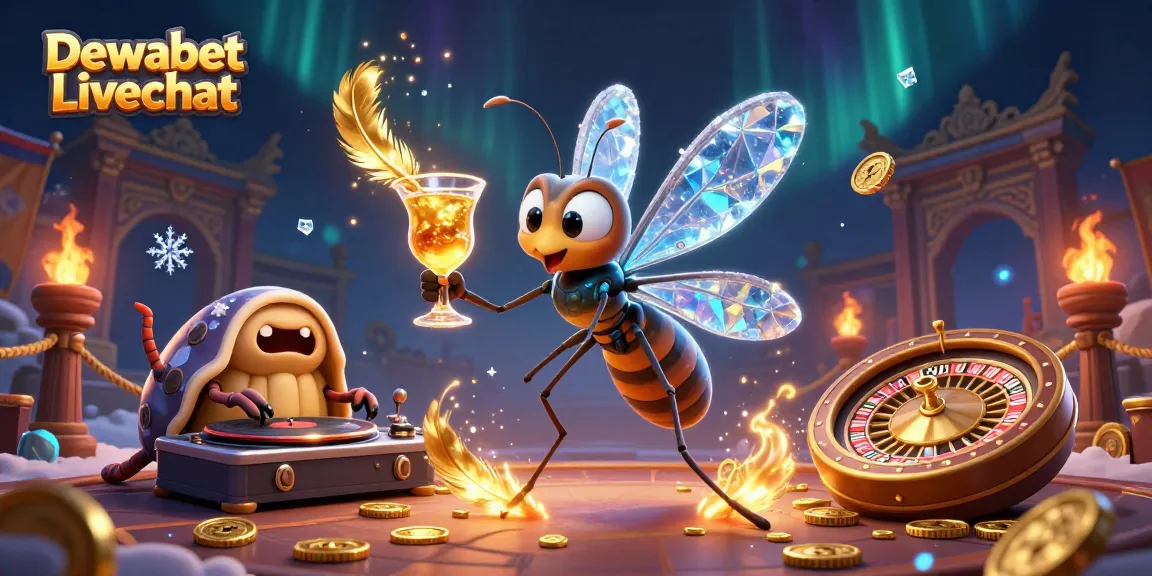 Dewabet Livechat showcases an epic casino scene with a vibrant mascot and engaging elements for players.