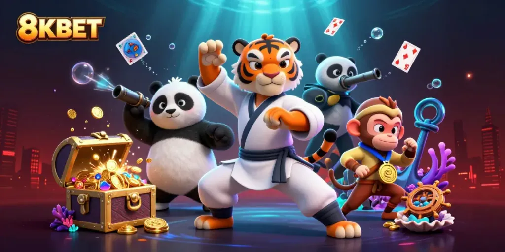 Engage with 8KBET's thrilling casino adventures featuring playful characters and dynamic game elements.