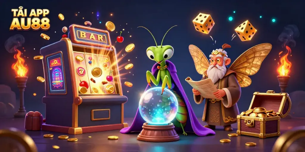 TẢI APP AU88 with a mystical fortune teller, slot machines, and golden treasures