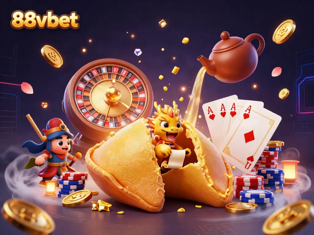 Experience exciting gaming action with 88vbet, featuring a vibrant 3D illustration of a golden fortune cookie and casino games.
