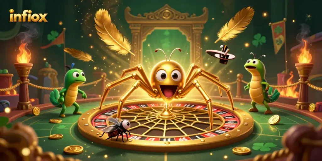 Infiox features a cartoon scene with a spider and a centipede in an extravagant casino-themed design.