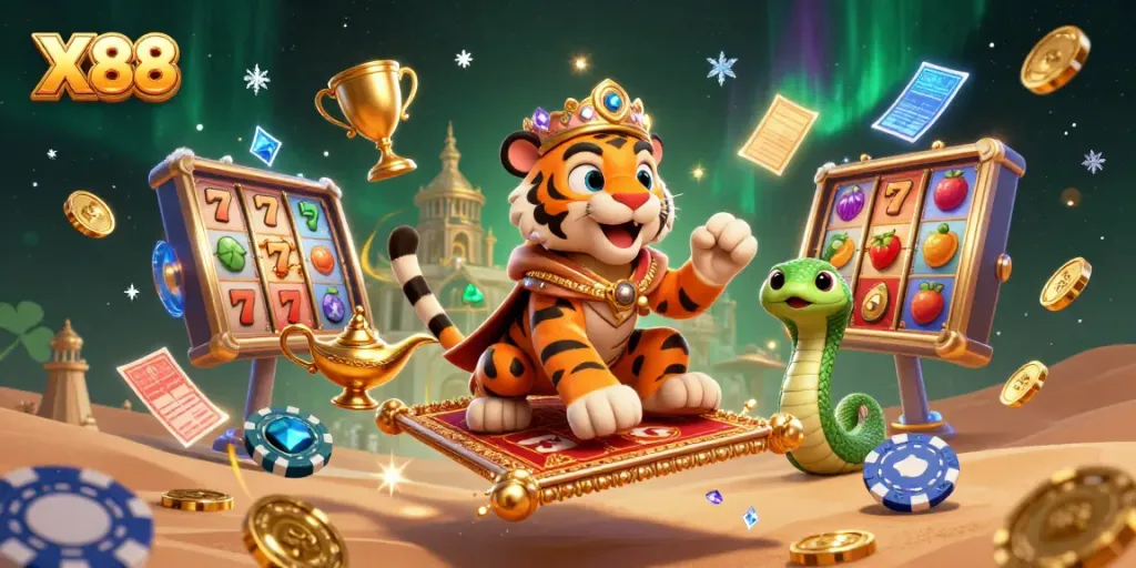 X88 engages players with a captivating casino atmosphere featuring a sultan, flying carpet, and vibrant slot machine elements.