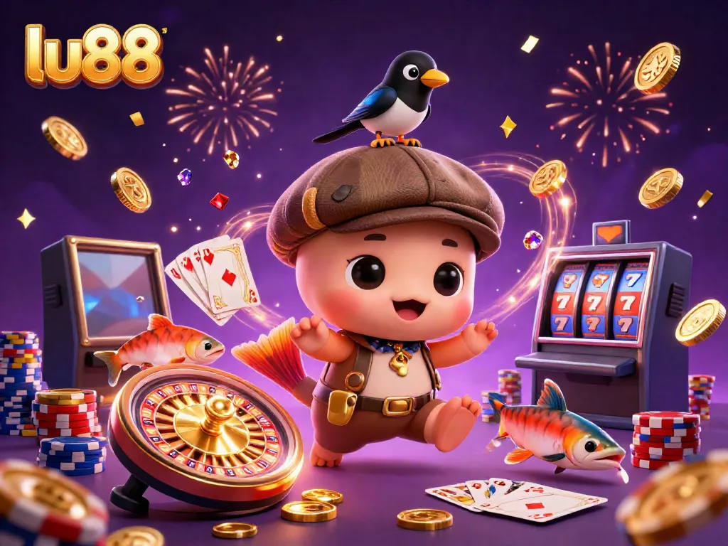 Win big with lu88 in this vibrant casino world featuring Nessie, coins, and games