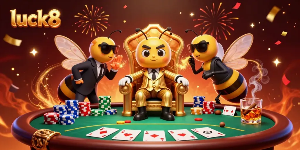 Engage with luck8's thrilling casino atmosphere featuring a bumblebee mob boss and poker elements.