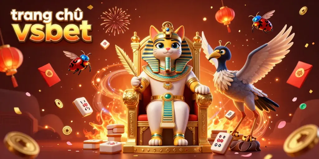 Engage with the playful world of trang chủ vsbet featuring a pharaoh cat and vibrant casino elements.