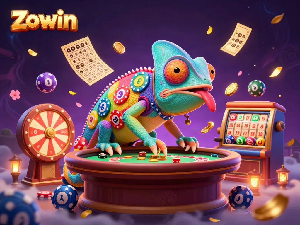 Experience the thrill of Zowin with a colorful chameleon casino owner amidst dynamic game elements.
