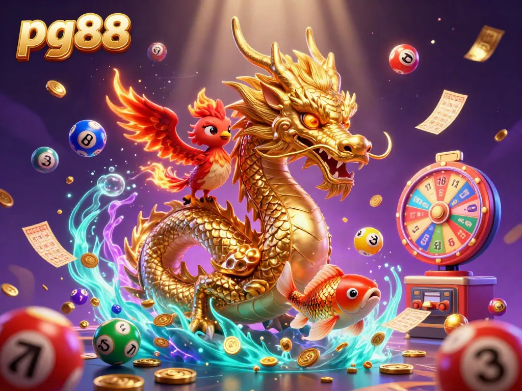 Experience thrilling pg88 games with a golden dragon, phoenix, and koi fish amidst dynamic lottery elements.