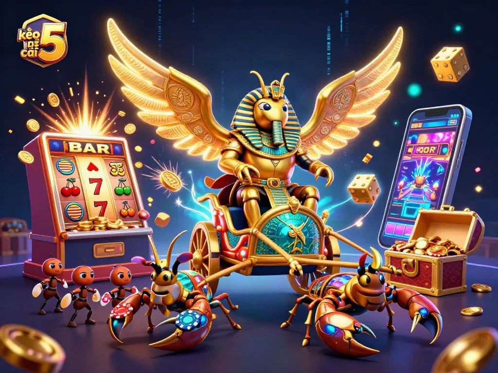 Experience kèo nhà cái 5 with vibrant 3D illustration of a colossal beetle and dynamic casino animations.