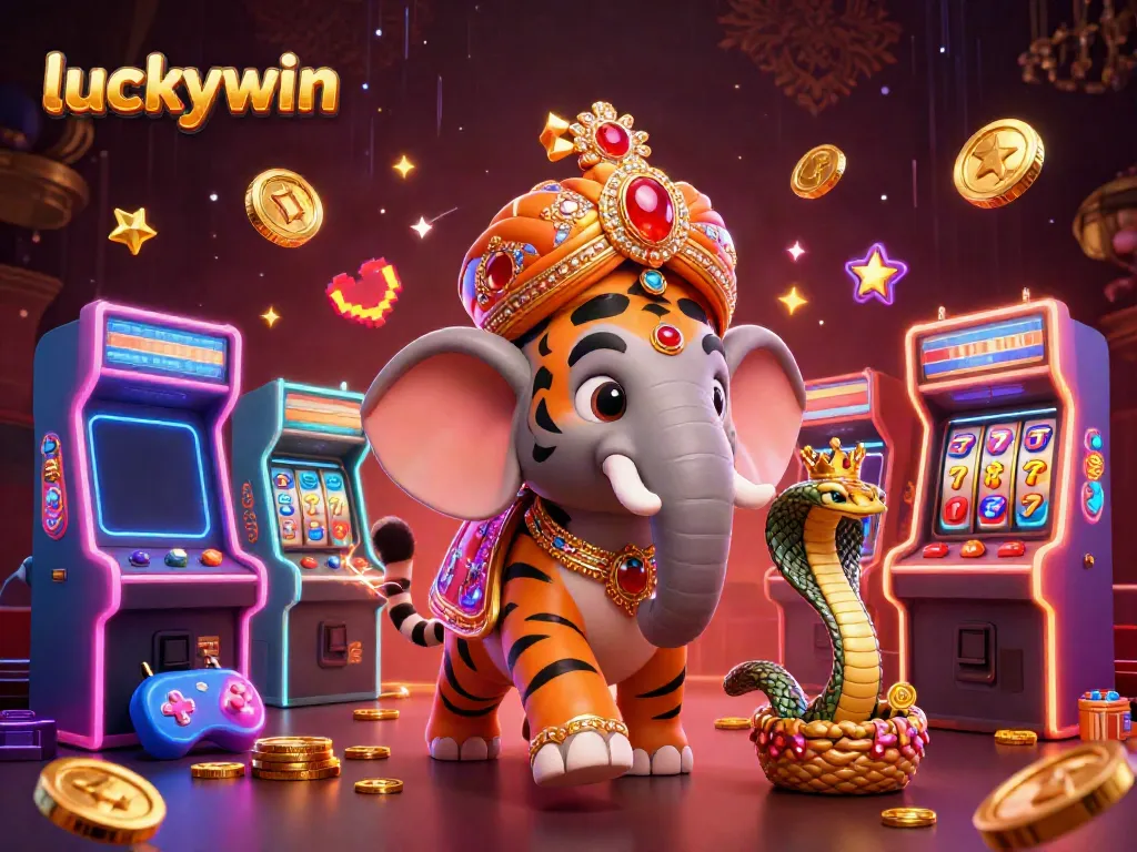 Engage with luckywin's vibrant slots scene featuring a maharaja tiger and glowing jackpot elements.