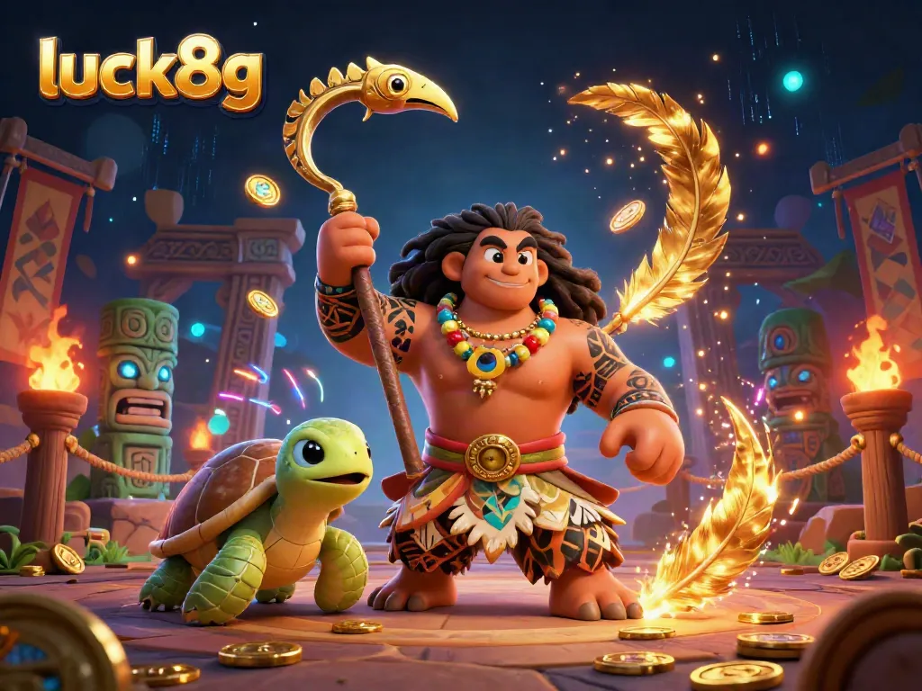 Engage with luck8g in this vibrant scene featuring Maui-style characters and casino elements.