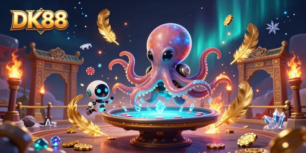 Experience thrilling poker action with DK88 illustrated by a vibrant cartoon octopus and robot in space.