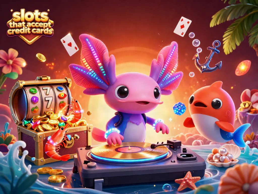Experience thrilling slots that accept credit cards with vibrant axolotl DJ in an exciting underwater scene.