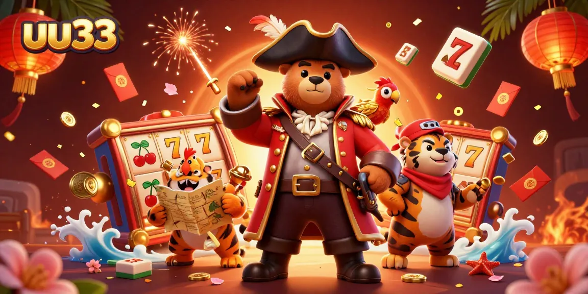 Engage with exciting uu33 slot reels, pirates, and festive decorations in a vibrant illustration.