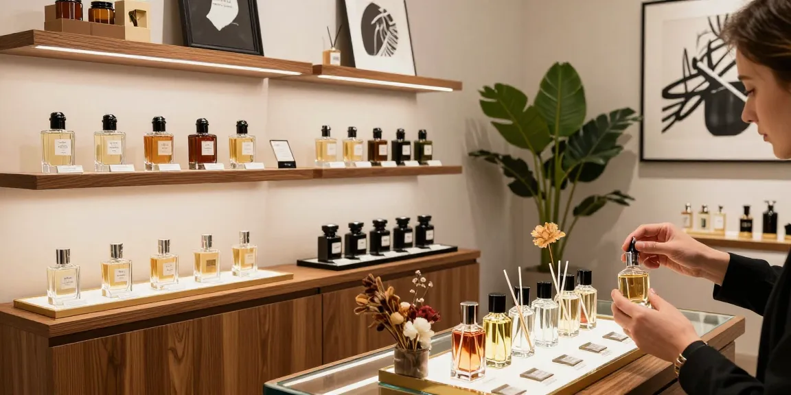 Browse a selection of est Niche Perfumes in a luxurious boutique with elegant decor.